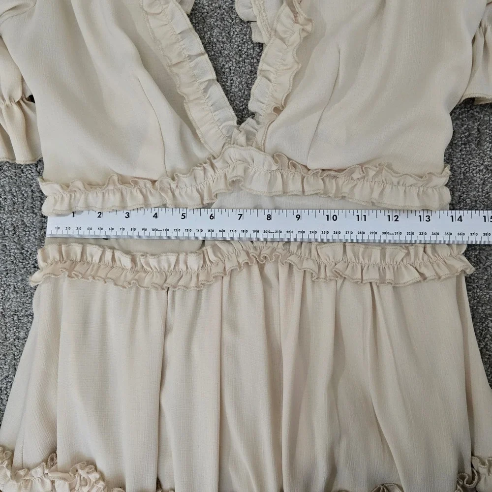 Cream Ruffle Tiered Mini Dress Open Back Coquette Romantic Boho Size M - Picture 5 of 8